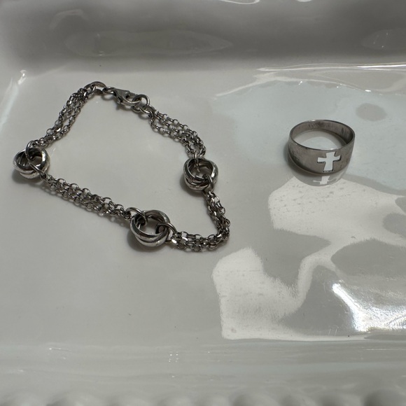 925 Sterling Bracelet and Sterling Cross Small/Pinkie Ring - Picture 1 of 8